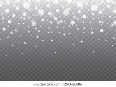 Vector heavy snowfall, snowflakes in different shapes and forms. Many white cold flake elements on transparent background. White snowflakes flying in the air. Snow flakes, snow background.