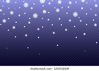 Vector heavy snowfall, snowflakes in different shapes and forms. Many white cold flake elements on transparent background. White snowflakes flying in the air. Snow flakes, snow background.