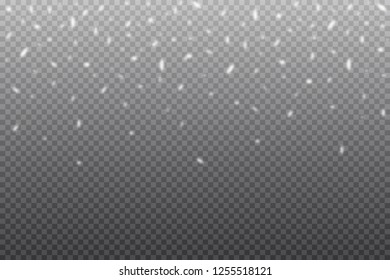 Vector heavy snowfall, snowflakes in different shapes and forms. Many white cold flake elements on transparent background. White snowflakes flying in the air. Snow flakes, snow background.