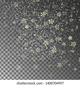 Vector heavy snowfall, snowflakes in different shapes and forms. Many white cold flake elements on transparent background. Golden snowflake flying in the air. 