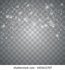 Vector heavy snowfall, snowflakes in different shapes and forms.  Isolated on transparent background. Illustration for Happy New Year Design. Isolated Snowflakes Backgrou