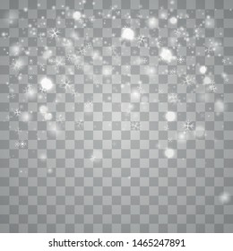 Vector heavy snowfall, snowflakes in different shapes and forms.  Realistic falling snowflakes. Isolated on transparent background. Illustration for Happy New Year Design