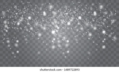 Vector heavy snowfall, snowflakes in different shapes and forms. Snow flakes, snow background. Falling Christmas Shining transparent beautiful, little snow
