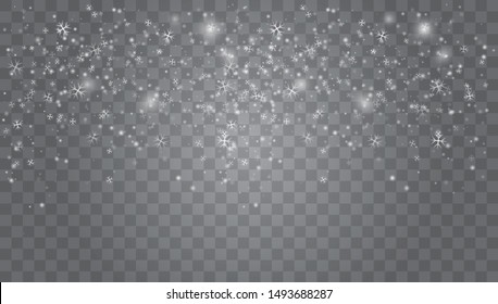 Vector heavy snowfall, snowflakes in different shapes and forms. Snow flakes, snow background. Falling Christmas Shining transparent beautiful, little snow