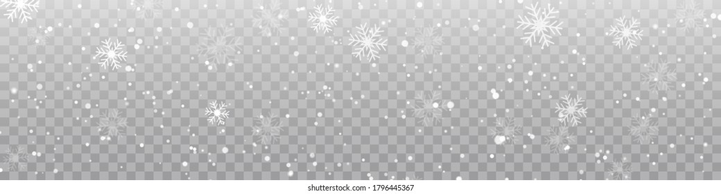 Vector heavy snowfall, snowflakes in different shapes and forms. Snow flakes, snow background. Falling Christmas.