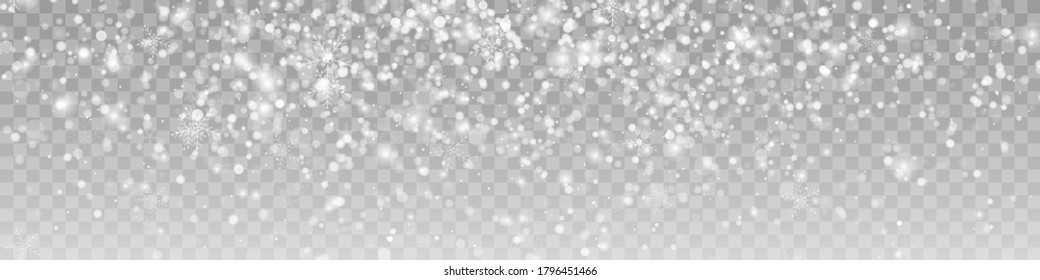 Vector heavy snowfall, snowflakes in different shapes and forms. Snow flakes, snow background. Falling Christmas.