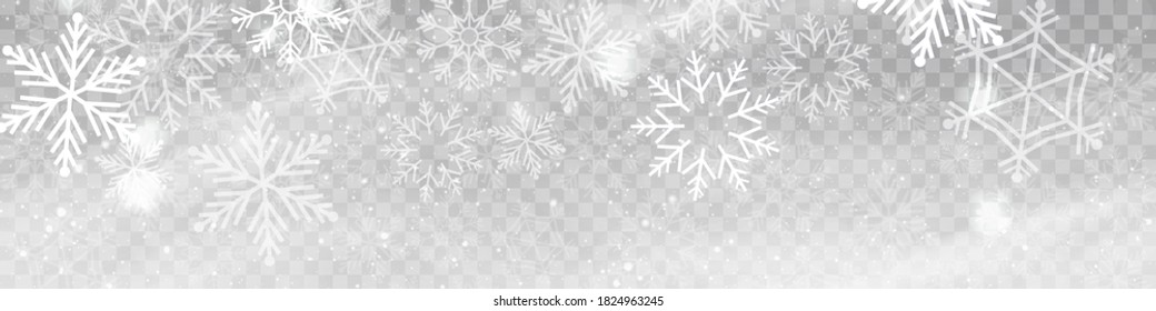 Vector heavy snowfall, snowflakes in different shapes and forms. Snow flakes, snow background. Falling Christmas.