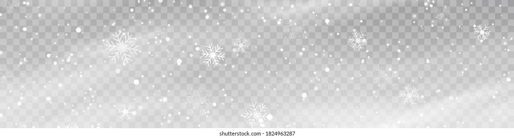 Vector heavy snowfall, snowflakes in different shapes and forms. Snow flakes, snow background. Falling Christmas.