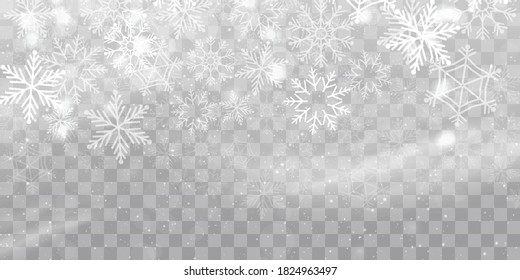 Vector heavy snowfall, snowflakes in different shapes and forms. Snow flakes, snow background. Falling Christmas.