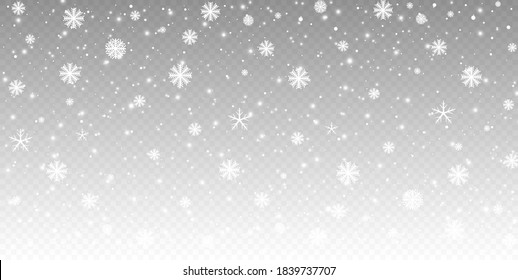 Vector heavy snowfall, snowflakes in different shapes and forms. Many white cold flake elements on transparent background. White snowflakes flying in the air. Snow flakes, snow background.