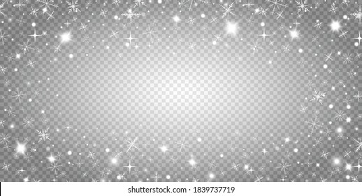 Vector heavy snowfall, snowflakes in different shapes and forms. Many white cold flake elements on transparent background. White snowflakes flying in the air. Snow flakes, snow background.