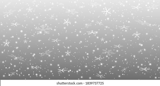 Vector heavy snowfall, snowflakes in different shapes and forms. Many white cold flake elements on transparent background. White snowflakes flying in the air. Snow flakes, snow background.