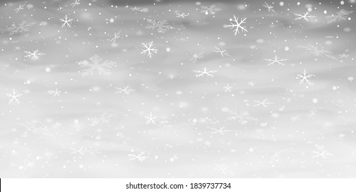 Vector heavy snowfall, snowflakes in different shapes and forms. Many white cold flake elements on transparent background. White snowflakes flying in the air. Snow flakes, snow background.