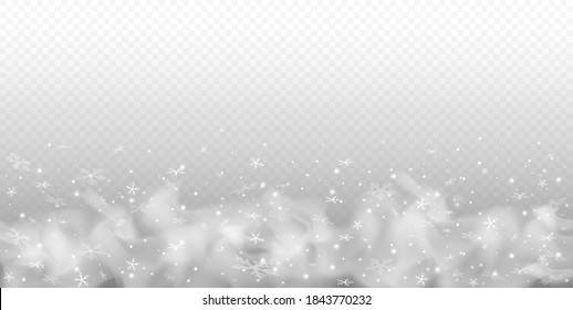 Vector heavy snowfall, snowflakes in different shapes and forms. Many white cold flake elements on transparent background. White snowflakes flying in the air. Snow flakes, snow background.