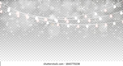 Vector heavy snowfall, snowflakes in different shapes and forms. Many white cold flake elements on transparent background. White snowflakes flying in the air. Snow flakes, snow background.