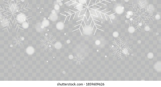 Vector heavy snowfall, snowflakes in different shapes and forms. Snow flakes, snow background. Falling Christmas