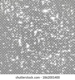 Nevada vectorial pesada, copos de nieve de diferentes formas y formas. Muchos elementos de copos fríos blancos sobre fondo transparente. Nieve cayendo, nieve tiembla fondo.