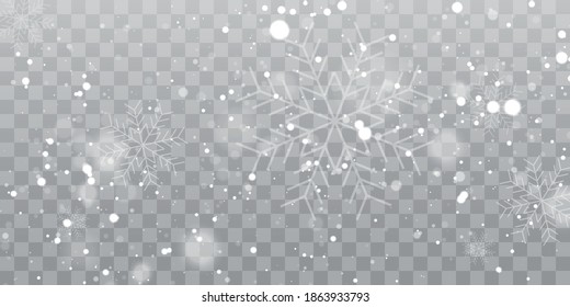 Vector heavy snowfall, snowflakes in different shapes and forms. Snow flakes, snow background. Falling Christmas