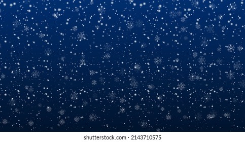 Vector heavy snowfall. Snowflakes in different shapes and forms. White snowflakes flying in the air. Snow flakes. Snow background