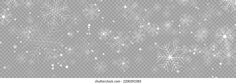 Vector heavy snowfall, snowflakes in different shapes and forms. Snow flakes, snow background. Falling Christmas. Stock royalty free vector illustration. PNG