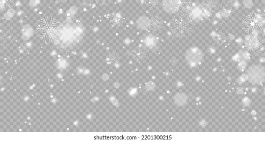Vector heavy snowfall, snowflakes in different shapes and forms. Snow flakes, snow background. Falling Christmas. Stock royalty free vector illustration. PNG