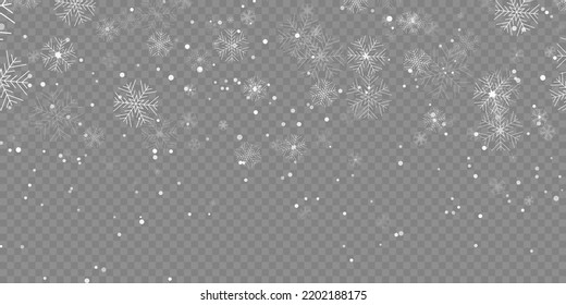 Vector heavy snowfall, snowflakes in different shapes and forms. Snow flakes, snow background. Falling Christmas. Stock royalty free vector illustration. PNG