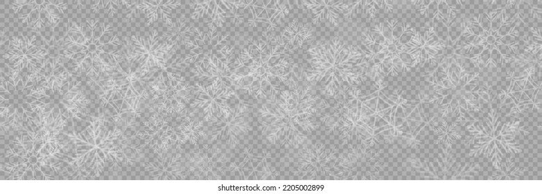 Vector heavy snowfall, snowflakes in different shapes and forms. Snow flakes, snow background. Falling Christmas. Stock royalty free vector illustration. PNG	