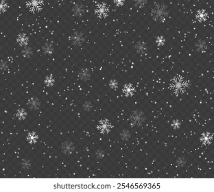 Vector heavy snowfall, snowflakes in different shapes and forms. Many white cold flake elements on transparent background. White snowflakes flying in the air. Snow flakes, snow background.