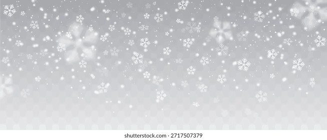 Vetor queda de neve pesada, flocos de neve em diferentes formas e formas. Muitos elementos de flocos frios brancos no fundo transparente. Flocos de neve brancos voando no ar. Flocos de neve, fundo de neve