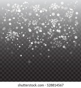 Vector heavy snowfall, snowflakes in different shapes and forms. Many white cold flake elements on transparent background. Snow falling, snow flakes background.