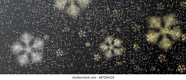 Vector heavy snowfall, snowflakes in different shapes and forms. Many white, golden cold flake elements on black background.