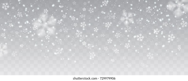 Векторный сильный снегопад, снежинки в различных формах и формах. Многие белые холодные хлопья элементы на прозрачном фоне. Белые снежинки летают в воздухе. Снежные хлопья, снежный фон.