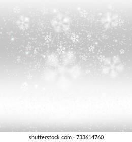 Vector heavy snowfall, snowflakes in different shapes and forms. Snow falling, snow flakes background. Many white cold flake elements on transparent background. 