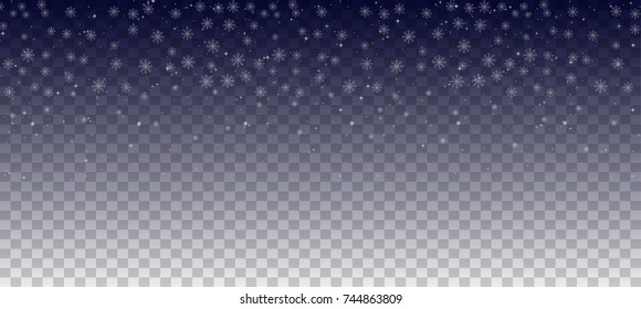Vector heavy snowfall, snowflakes in different shapes and forms. Many white cold flake elements on transparent background. White snowflakes flying in the air. Snow flakes, snow background