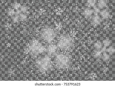 Vector heavy snowfall, snowflakes in different shapes and forms. Many white cold flake elements on transparent background. Snow falling, snow flakes background.