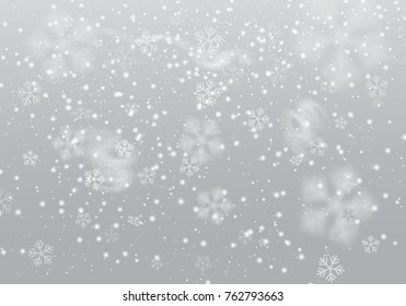 Vector heavy snowfall, snowflakes in different shapes and forms. Many white cold flake elements, white swirls on light gray background. White snowflakes flying in the air.