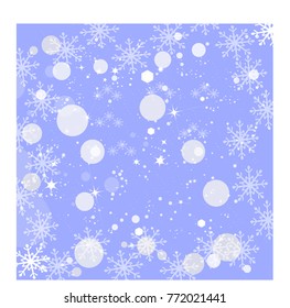 Vector heavy snowfall, snowflakes in different shapes and forms. Many white cold flake elements on blue background. White snowflakes flying in the air. Snow flakes, snow background.