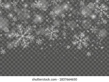 Vector heavy snowfall, snowflakes in various shapes and forms. Snowy background. White snowflakes fly in the air. White snow flies on transparent background. Christmas snow.