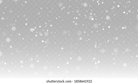 Vector heavy snowfall, snowflakes in various shapes and forms. Many white cold flakes elements on transparent background. White snowflakes fly in the air. Snow flakes, snowy background. Vector EPS 10