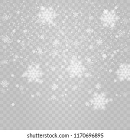 Vector heavy snowfall, white snowflakes in different shapes and forms flying in the air. Many white cold flake elements isolated on transparent background.