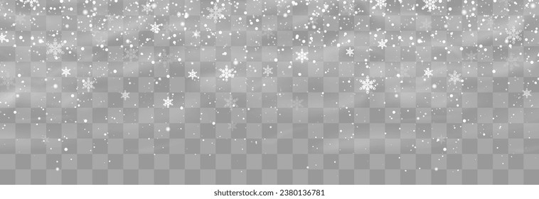 Nevada vectorial pesada. Copos de nieve blancos volando en el aire. Escamas de nieve, nieve y ventisca. Nieve de Navidad. Caer copos de nieve en el fondo de la png. Ilustración vectorial aislada en transparente.