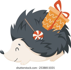 Vector hedgehog in flat style, with gifts on his back, isolated on a white background. A hedgehog has a gift and a lollipop on his pins, hand-drawn illustration in a cartoon style