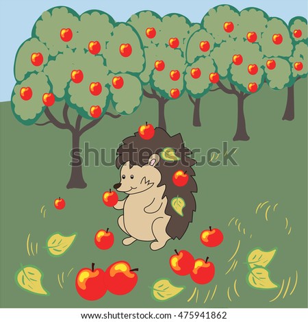 vector of hedgehog gathering apples harvest