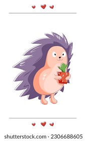 Vectorhedgehog mit lilac nadeln hält einen Topf Kaktus in seinen Pfoten. Eine interessante Cartoon-Zeichnung eines Tieres mit einer Pflanze.