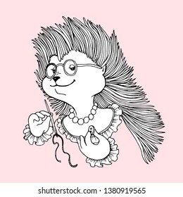 Vector hedgehog with a needle in one hand and a button in the other. Black and white hand-drawn sketch on powder pink background. Cute doodle graphic.