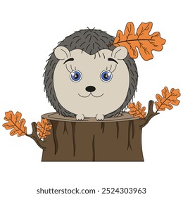 Vector hedgehog on a stump with oak leaves isolated transparent background. Cute flat hedgehog. Autumn children hand drawn art. EPS 10
