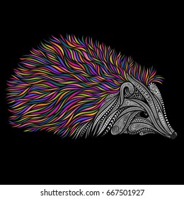 Vector hedgehog from patterns with color needles on a black background