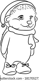 Vector hedgehog wearing hat and scarf, cartoon cute happy white hedgehog smiling.Autumn character hedgehog, line art, black and white drawing illustration for kids. Coloring Page for Children.