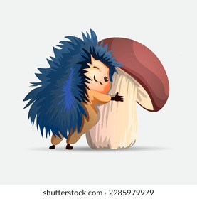 Vector hedgehog.Cute hedgehog hugs a big white mushroom. Hedgehogs vector illustration. Cartoon characters