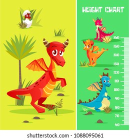 Vector height chart in prehistoric dinosaur creatures, cartoon style. Wall meter scale with cute cheerful baby monsters with wings, horns. Kids growing measumerent illustration